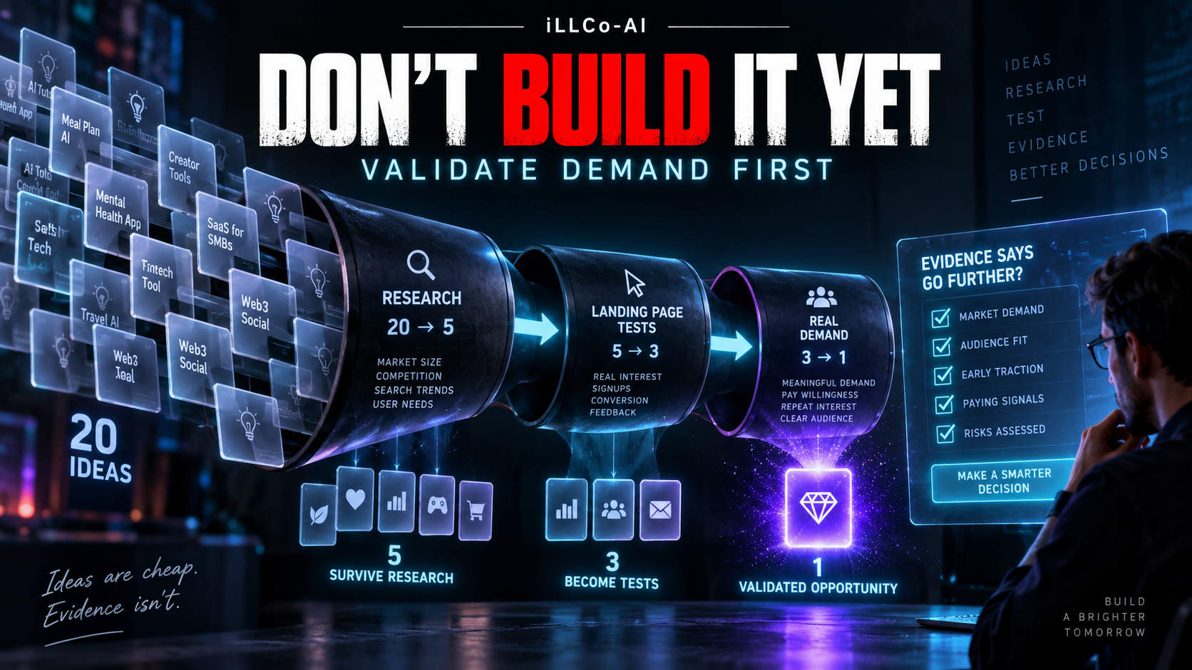 Venture ideas filtered through evidence-based validation stages